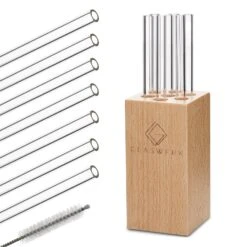 Glaswerk Frezzeria Glasstrohhalme 7 Stück 0,8 X 15 Cm (ØxH) Holzhalterung Bürste