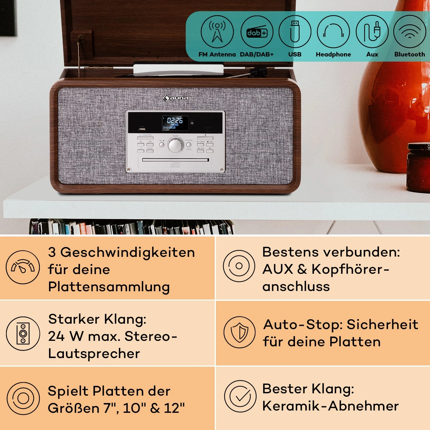 Bella Ann Stereoanlage Plattenspieler Radio DAB+/UKW USB Bluetooth 2 Bella Ann Stereoanlage Plattenspieler Radio DAB+/UKW USB Bluetooth – Bild 2